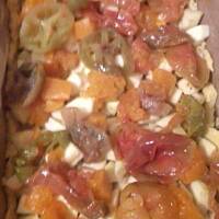 Szarlotka z dynią, smażonymi zielonymi pomidorami i konfiturą z róży.