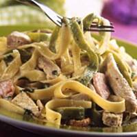 Tagliatelle z polędwicą i pieczarkami