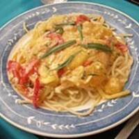 Spaghetti z kurczakiem w sosie pomarańczowym brandy