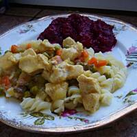 Pierś z kurczaka w sosie z warzywami i groszkiem