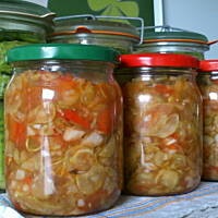 Sałatka z ogórków, papryki i cebuli w pomidorach