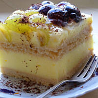 Ciasto budyniowe na herbatnikach z winogronami i galaretką