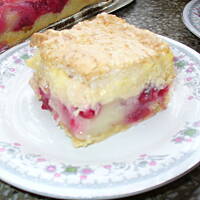 Ciasto porzeczkowe z budyniem, kremem jogurtowym i kokosową bezą