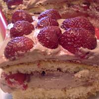 Biszkopt z czekoladową bitą śmietaną i owocami