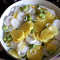 Bób z młodą cebulką i ziemniakami